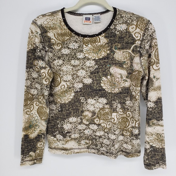 Vintage Tops - Vintage Y2K Floral Waffle Knit Top Women Small Olive Cream Long Sleeve Lace Trim